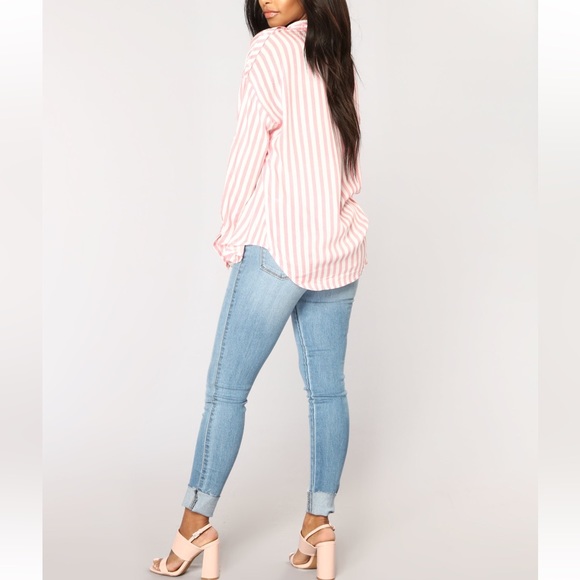 Fashion Nova | pink white strip long sleeve button up blouse top | Large | NWT - Picture 4 of 7